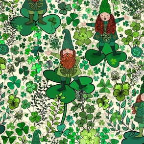 Wee Irish Gnomes in a Shamrock Forest (Soft Green large scale) 