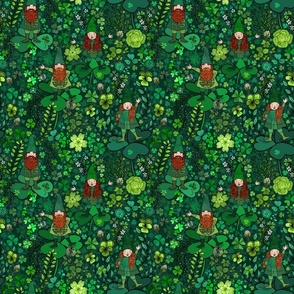 Wee Irish Gnomes in a Shamrock Forest (Dark Green small scale)  