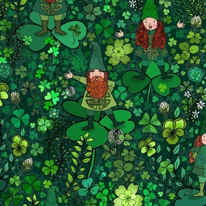 Wee Irish Gnomes in a Shamrock Forest (Dark Green large scale)  