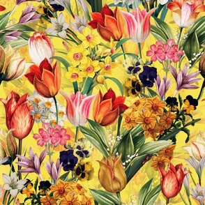 Nostalgic Hand Painted Antique Springflowers Antiqued Daffodil, Vintage Crocus, Orange Tulips,Pansies Double Layer sunny yellow
