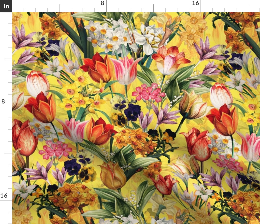 Nostalgic Hand Painted Antique Springflowers Antiqued Daffodil, Vintage Crocus, Orange Tulips,Pansies Double Layer sunny yellow