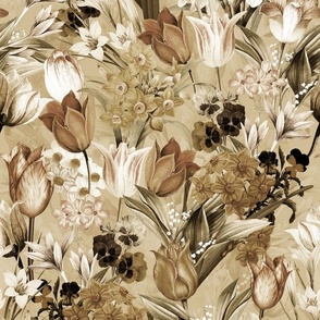 Nostalgic Hand Painted Antique Springflowers Antiqued Daffodil, Vintage Crocus, Orange Tulips,Pansies Double Layer sepia brown 