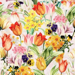 Nostalgic Hand Painted Antique Springflowers Antiqued Daffodil, Vintage Crocus, Orange Tulips,Pansies Double Layer blush pink
