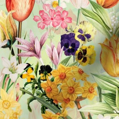 Nostalgic Hand Painted Antique Springflowers Antiqued Daffodil, Vintage Crocus, Orange Tulips,Pansies Double Layer green