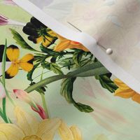 Nostalgic Hand Painted Antique Springflowers Antiqued Daffodil, Vintage Crocus, Orange Tulips,Pansies Double Layer green