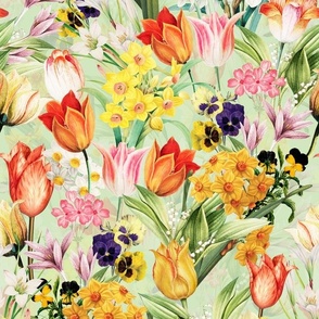 Nostalgic Hand Painted Antique Springflowers Antiqued Daffodil, Vintage Crocus, Orange Tulips,Pansies Double Layer green