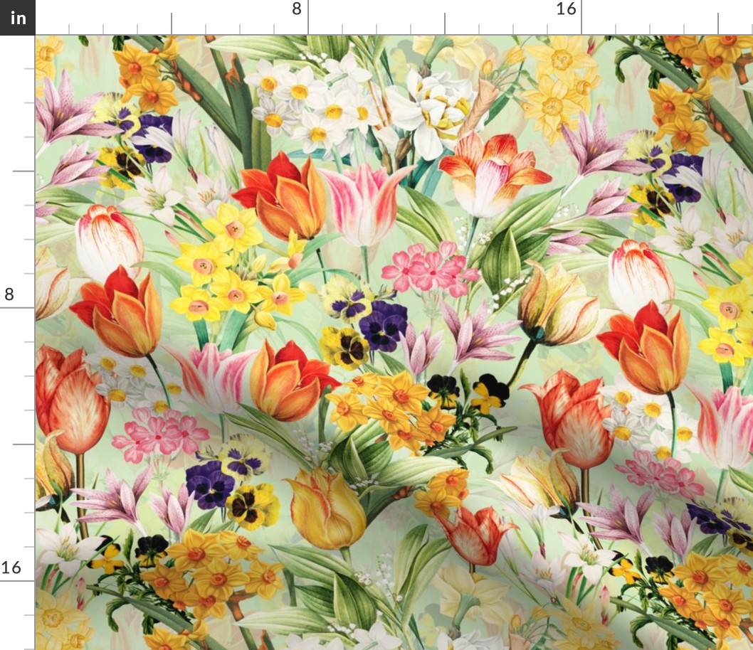 Nostalgic Hand Painted Antique Springflowers Antiqued Daffodil, Vintage Crocus, Orange Tulips,Pansies Double Layer green