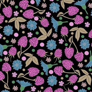 Teal on Black Berries and Blooms