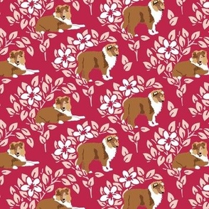 Rough Collie Puppy Viva Magenta Garden Foliage Pattern cute dog fabric