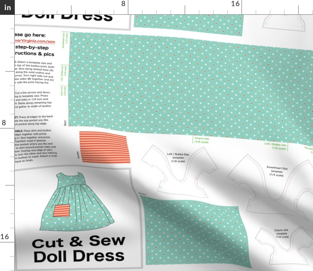 Very Valentine Cut & Sew Doll Dress (hearts) on FAT QUARTER for Forever Virginia Dolls and other 1/8, 1/6 and 1/5 scale child dolls  // little small scale tiny mini micro doll 