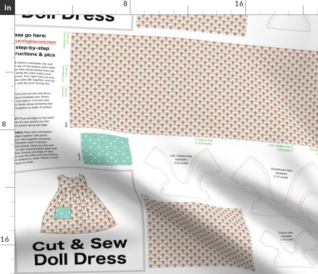 Very Valentine Cut & Sew Doll Dress (ogee) on FAT QUARTER for Forever Virginia Dolls and other 1/8, 1/6 and 1/5 scale child dolls  // little small scale tiny mini micro doll 