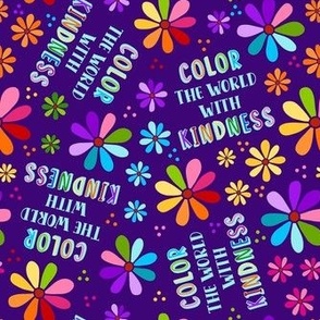 Medium Scale Color The World With Kindness Rainbow Daisy Flowers on Purple