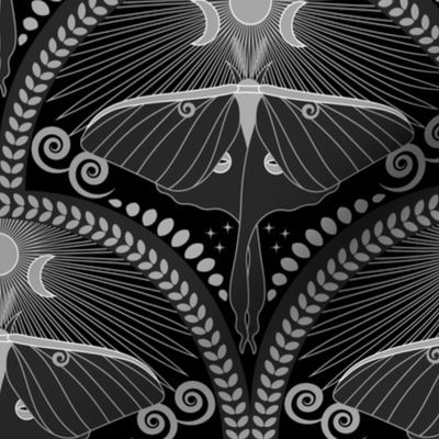 Midnight Luna Moth / Art Deco / Mystical Magical / Dark Moody / Halloween / Black / Medium