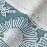 Paper Cut Flowers Faux Texture- Romantic Floral Rococo Medium- Home Decor- Teal- Turquoise