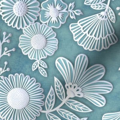 Paper Cut Flowers Faux Texture- Romantic Floral Rococo Medium- Home Decor- Teal- Turquoise