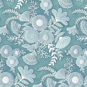 Paper Cut Flowers Faux Texture- Romantic Floral Rococo Medium- Home Decor- Teal- Turquoise