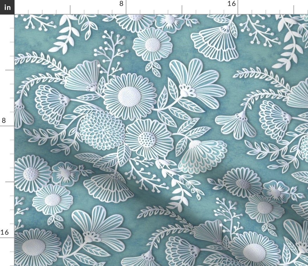 Paper Cut Flowers Faux Texture- Romantic Floral Rococo Medium- Home Decor- Teal- Turquoise