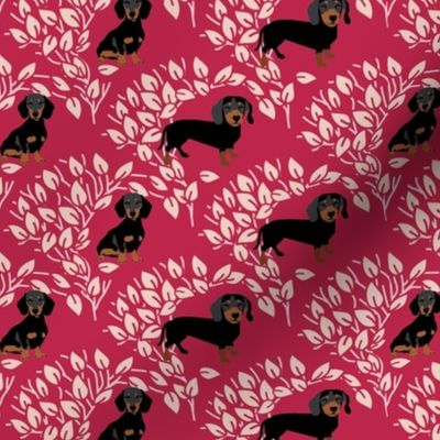 Black Dachshund DogsTree Pattern in Viva Magenta red color