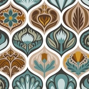 Scandinavian Ogee Tiles in Turquoise, Brown, and Tan on White - Small Scale