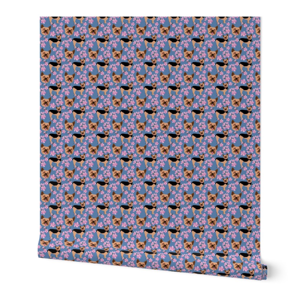 Yorkie Puppy Yorkshire Terrier Dog Pink Oleander Flowers Denim Blue Background dog fabric