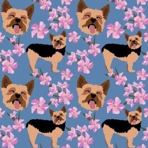 Yorkie Puppy Yorkshire Terrier Dog Pink Oleander Flowers Denim Blue Background dog fabric