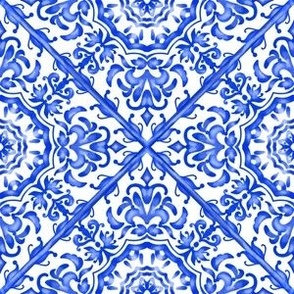 Majolica Floral Tiles in Cobalt Blue and White - Diamond Pattern
