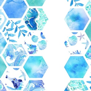 Ocean Themed Hexagonal Watercolor Tiles Rotated Clockwise