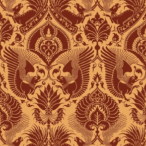 damask with animals, red on tawny