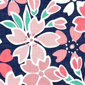 Cherry Blossom- Navy Blue Background- Large- Sakura Flower- Spring Flowers- Japanese Floral- Japan- Coral- Mint- Floral Nursery Wallpaper- Home Decor Fabric- Kawaii