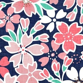 Cherry Blossom- Navy Blue Background- Medium- Sakura Flower- Spring Flowers- Japanese Floral- Japan- Coral- Mint- Floral Nursery Wallpaper- Home Decor Fabric- Kawaii