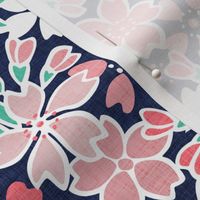 Cherry Blossom- Navy Blue Background- Small- Sakura Flower- Spring Flowers- Japanese Floral- Japan- Coral- Mint- Floral Nursery Wallpaper- Home Decor Fabric- Kawaii