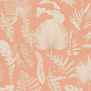 Palm Leaves Beige on Coral Large