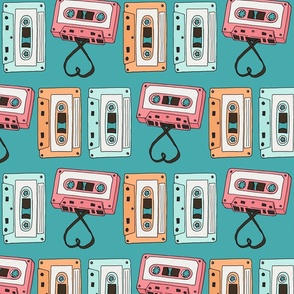 Retro Pastel 1980s Cassette Tapes on Teal