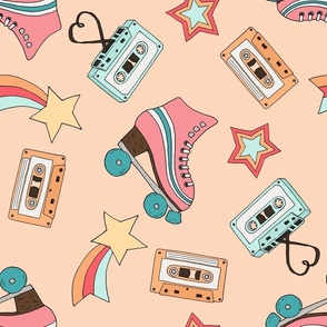Retro Rollerskates, Cassette Tapes, and Stars on Peach - Large Scale