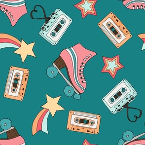 Retro Rollerskates, Cassette Tapes, and Stars on Teal - Large Scale