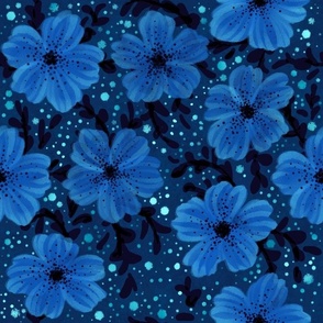 Midnight Blue Delicate Flowers (Large Scale)
