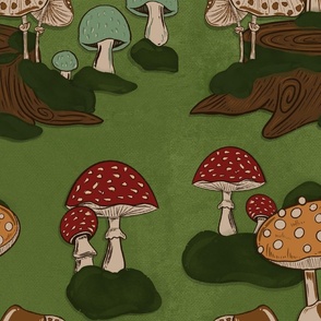 Mossy Mushrooms, Retro Mushrooms, Green and Red, Brown and Green, Moss Decor, Moss Wallpaper, Woodland Theme, Nature Inspired, Kids Room, Playroom Decor 