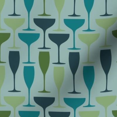 Wine Motif - Mid Century Modern Champagne Wine Glasses in Blues and Greens