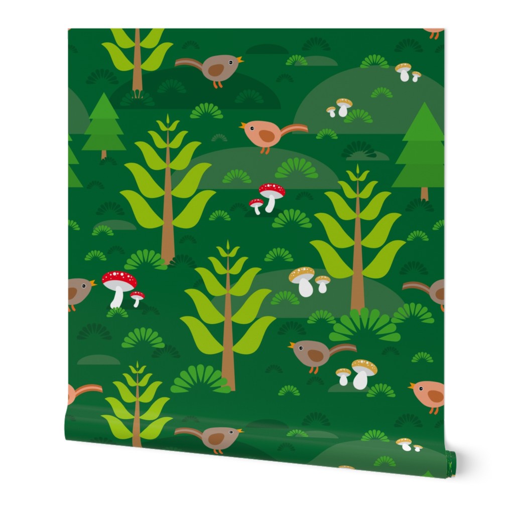 Seamless green background with fir trees mushrooms birds. 