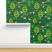 Seamless green background with fir trees mushrooms birds. 