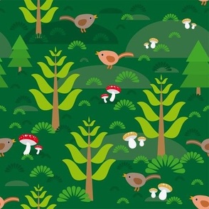 Seamless green background with fir trees mushrooms birds. 