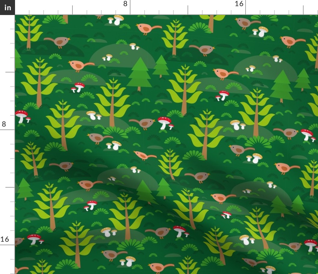 Seamless green background with fir trees mushrooms birds. 