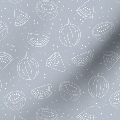 Boho scandinavian minimalist watermelon garden - watermelons fruit slices summer design outline freehand illustration cool blue gray