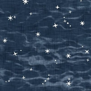 Shibori Stars on Slate | Night sky fabric, block printed stars on shibori linen pattern, block print stars on deep royal, navy, constellations, dark blue star fabric.