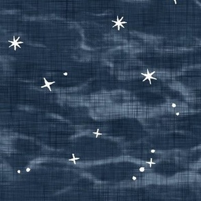 Shibori Stars on Slate (large scale) | Night sky fabric, block printed stars on shibori linen pattern, block print stars on deep royal, navy, constellations, dark blue star fabric.