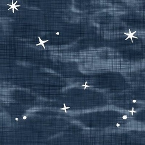 Shibori Stars on Slate (xl scale) | Night sky fabric, block printed stars on shibori linen pattern, block print stars on deep royal, navy, constellations, dark blue star fabric.