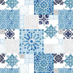 Moroccan ceramic pattern collage in silver blue  watercolor