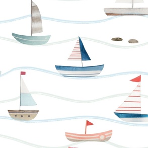 Life at Sea - Hand drawn watercolor Sail Boats with waves Large - sailing coastal wallpaper - ocean home decor - lake house