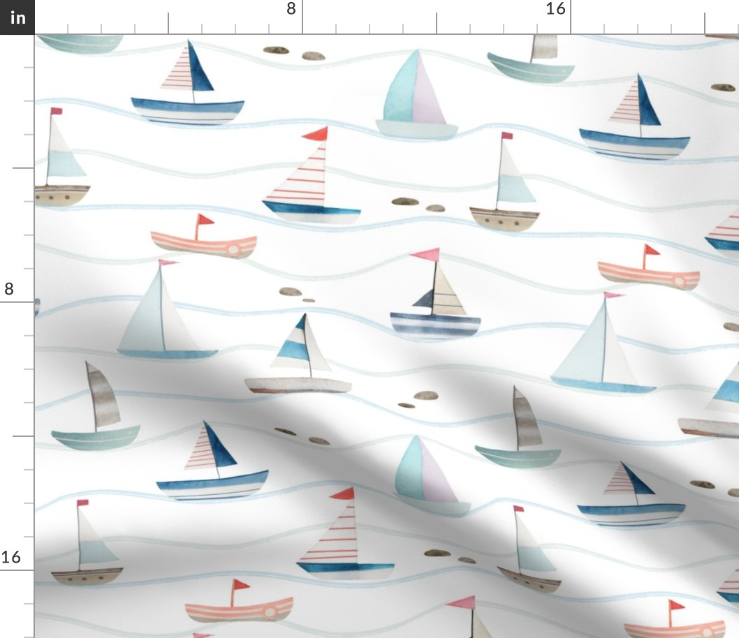 Life at Sea - Hand drawn watercolor Sail Boats and waves medium - coastal decor - ships in the lake - kids apparel