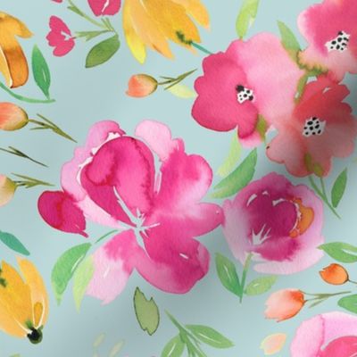 Spring floral watercolor - Smells like spring - Light Blue Medium - Bold painterly fabric